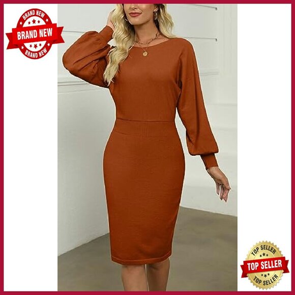 Long Puff Sleeve Ribbed Bodycon Sweater Dress Midi Pullover Stretchy - Picture 3 of 8